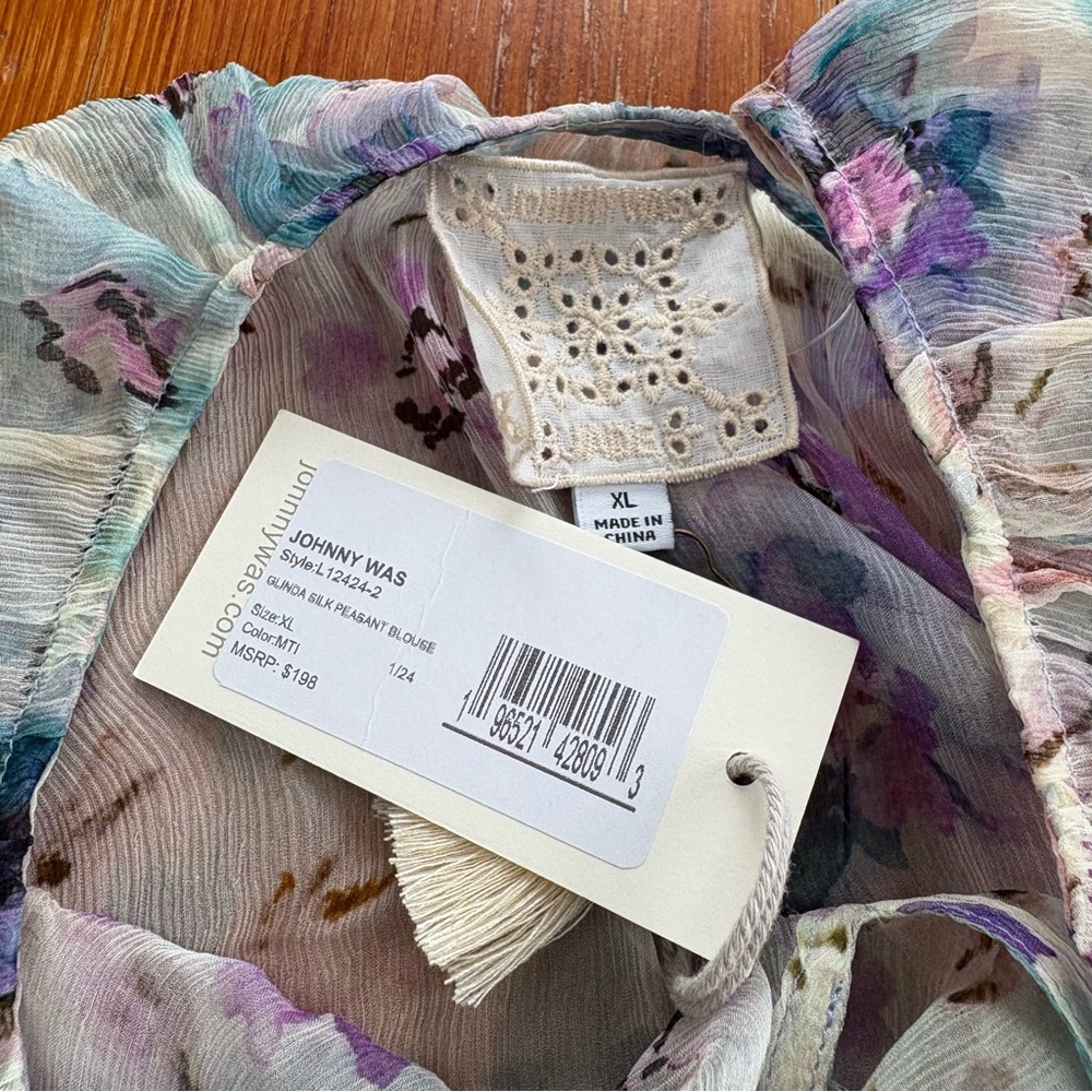 Johnny Was‎ Glinda silk peasant blouse XL floral white purple light sheer NWT - Picture 9 of 12